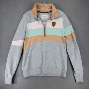 Wanakome Pullover Women M Gray Pastel Colorblock Quarter Zip Leather Patch Logo